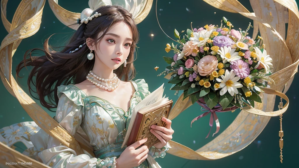 32K, 最高quality, 最高masterpiece, (ultra-Detailed Background, Detailed Background), High resolution, Super detailed, Very detailedな, 1 personの, (bouquet:1.3), (Tangled:1.2), (Geometric:1.2),(colorful),(masterpiece, quality, best quality, Official Art, Beautiful and beautiful:1.2), (1 person:1.3), Very detailed,(colorful:1.1)(Flowers:1.3),Most detailed,(Tangled:1.2), whole body, (Abstract background:1.3), (Skin glows), (Many colors:1.4), ,(Earrings Pearl:1.5), Light green background, It's imaginative., Brunette Hair, Updo, Holding a book, Holding a pen, Satin shirt