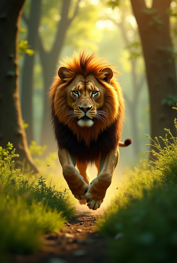 L'image d'un lion entrain de courir dans la forêt