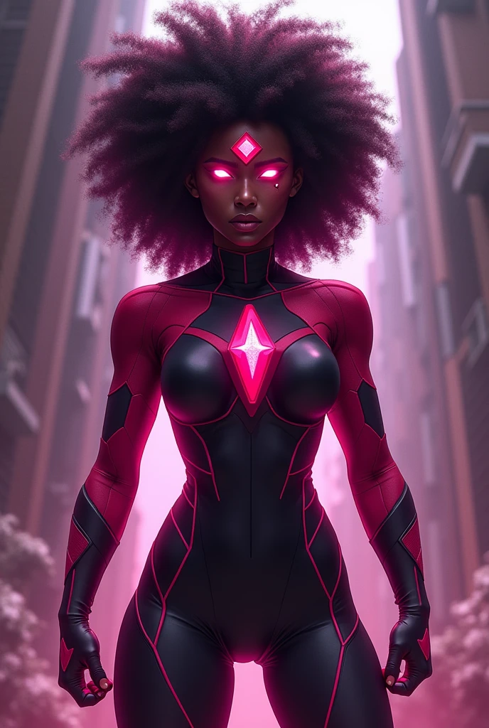 Garnet is a powerful and stoic character with a commanding presence. She is tall and athletic, with a muscular build that reflects her strength and resilience. Garnet’s skin is a deep, rich magenta color, and she has three eyes—two normal eyes and a third one in the center of her forehead—each covered by her signature square-shaped visor, which adds to her enigmatic and futuristic appearance.
Her hair is a large, perfectly symmetrical afro, which adds to her imposing figure. Garnet’s overall look is sleek and angular, reflecting her composed and calculated nature. Her outfit is primarily a black and red bodysuit with geometric patterns, emphasizing her status as a fusion of two gems. She wears fingerless gloves that extend up to her forearms, highlighting her powerful fists.
Garnet’s demeanor is calm and collected, with a deep, reassuring voice. She often remains silent, observing situations carefully before acting. Her third eye symbolizes her heightened perception and intuition, making her a formidable leader and protector.