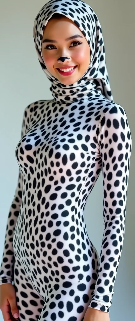 The beautiful and slender thin asian muslumah adult girl with beautiful cheeks wears white leopard print lycra turtleneck unitard catsuit covered with spots and white leopard print lycra elastane stretchy dancewear 100% stretchy hijab covered with spots.She is happy.She always put strong black marker pen cat whiskers and nose makeup!