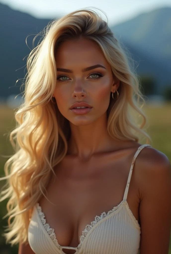 ((best quality)), ((masterpiece)), (detailed), (beautiful realistic model), (SFW:1.5), famous instagram influencer model, perfect realistic face, sexy highly detailed face, blue eyes, blonde latin woman, (busty:1.7), (ultra sexy bimbo body:1.5), long blonde hir,kylie jenner,margot robbie,scarlett johannson, she is wearing a little dress, in switzerland, (hot summer night), new pose, confident, sultry, hd realistic realism, very high quality portrait, 8k resolution