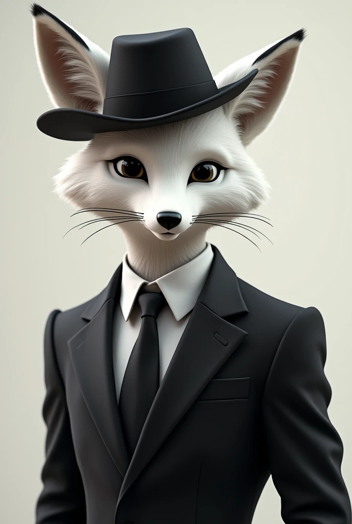 Fox White fur, black hat, black Wear a suit