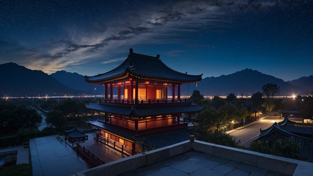 empty, in the distance is a bustling ancient Chinese architectural complex, brilliant lights, bird 's-eye view, the sky is a deep blue night sky, full of stars, deep and quiet. High quality, masterpiece,