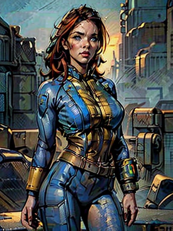 a girl in a fallout vault wearing a dark blue and yellow Fallout vault jumpsuit, pip-boy 3000, long red hair, round breasts, cleavage, post-apocalyptic, nuclear wasteland, desolate, ruined city, dramatic lighting, cinematic, photorealistic, 8k, hyper detailed, masterpiece, beautiful detailed face, beautiful detailed eyes, beautiful detailed lips, beautiful detailed nose,