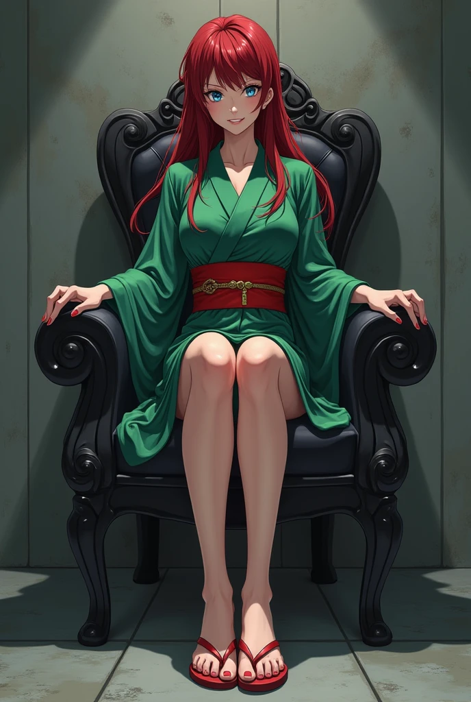 The image is anime style with shadows and dim lights, anime style although somewhat adult and dark, It shows a 40-year-old adult woman with blue eyes and wearing a beautiful oversized green and red yukata.; He also wears sandals. She has very long and loose hair., dark red, with a face that shows a malevolent smile with malice, She has beautiful feet. The background of the image is a grey wall. is beautiful, but he seems like a psychopath. You are sitting on a kind of throne,