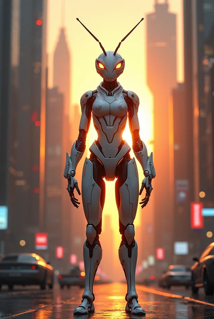 Fire ant in white cyborg costume standing between skyscrapers at sunset