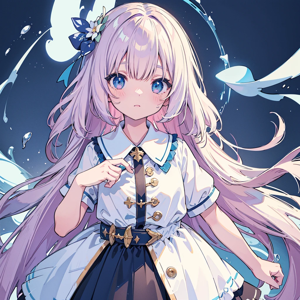 vtuber-halfbody、Bangs shorter than eyebrowasterpiece、Best Quality、Best illustrations、Super detailed、Upper Body、solo、1 girl、looking at the camera、upright、Arms at your sides、Beautiful detailed eyes、Concept Art、from the front、White background、Simple Background、Droopy eyes and big eyes、Super detailedな眼、Sparkling eyeilky white and blue gradient long hair、Short sleeve、water colored pencils、kind face、blush、Virtual YouTuber、