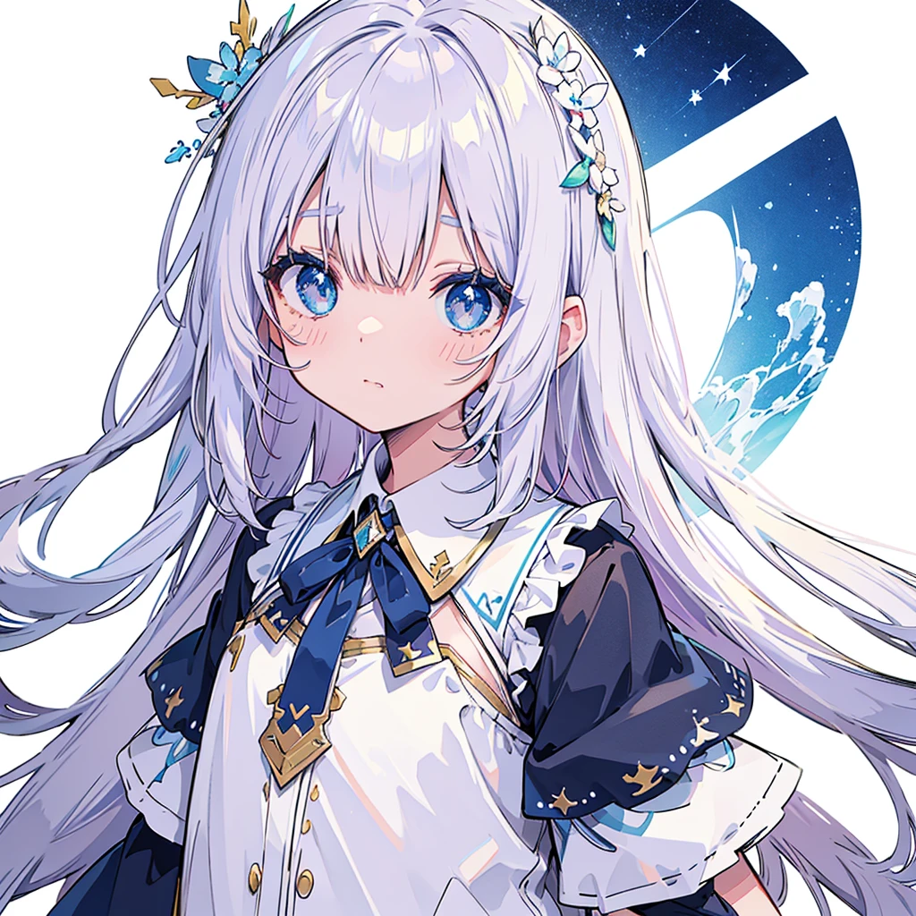 vtuber-halfbody、Bangs shorter than eyebrowasterpiece、Best Quality、Best illustrations、Super detailed、Upper Body、solo、1 girl、looking at the camera、upright、Arms at your sides、Beautiful detailed eyes、Concept Art、from the front、White background、Simple Background、Droopy eyes and big eyes、Super detailedな眼、Sparkling eyeilky white and blue gradient long hair、Short sleeve、water colored pencils、kind face、blush、Virtual YouTuber、