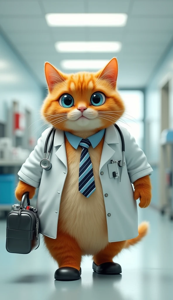Make a picture of a fat orange cat with blue eyes, flat nose, facing the camera, wear a doctor's uniform, shoes and tie, carrying medical equipment with a hospital background, Wide, full body, 8k super realistic