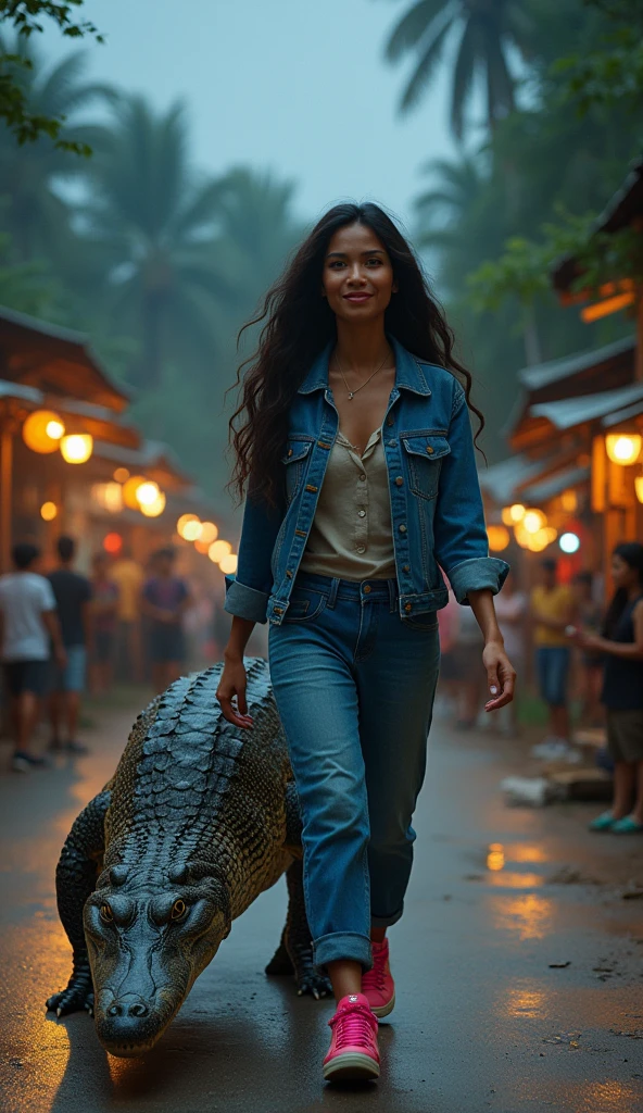beautiful Indonesian woman, fair skin, big nose, long wavy hair, wearing a denim jacket, long pants, wearing pink sneakers, smiling face, walking while carrying a giant crocodile on his side, on a beautiful night, aesthetic, on the village road, so many people, minimal defects, very detail, realistic, 8K picture