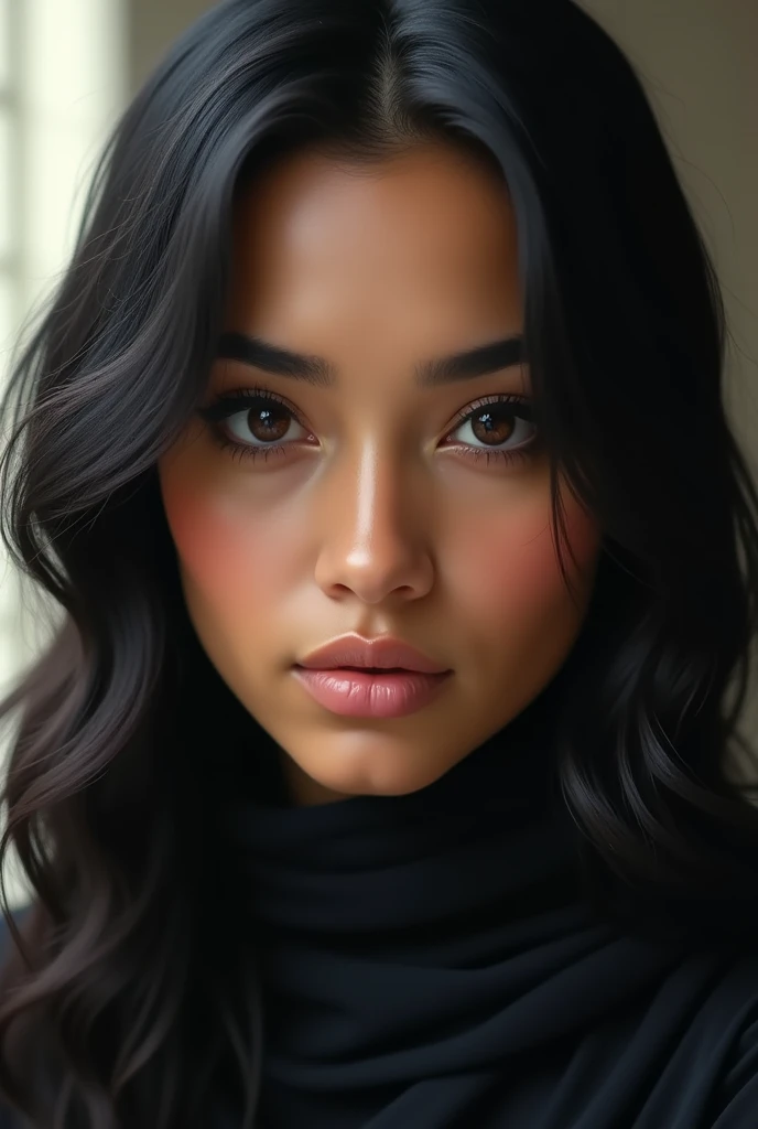 Woman with black wavy hair , Muslim beauty , large, expressive black eyes, long nose, small mouth, round face, black eyes