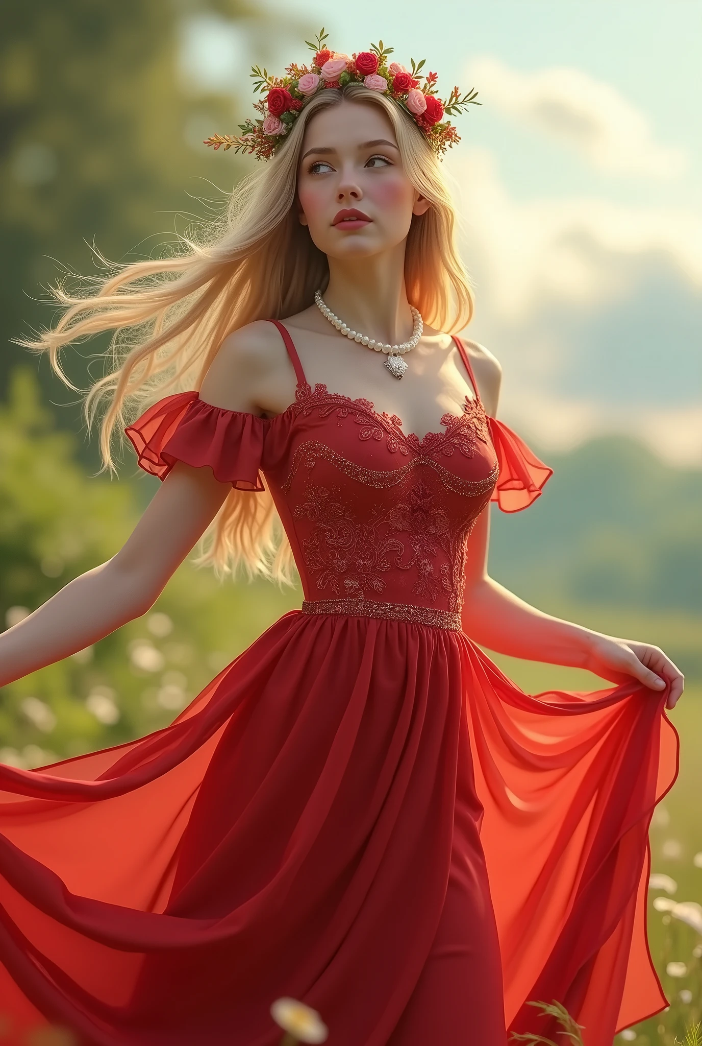 White girl in red dress