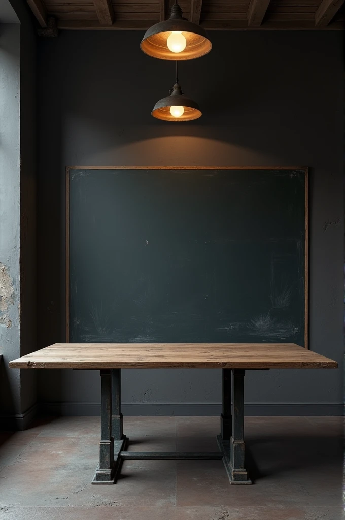 A room that used for planning some big deals with a clean black board , a table and old ceiling light 