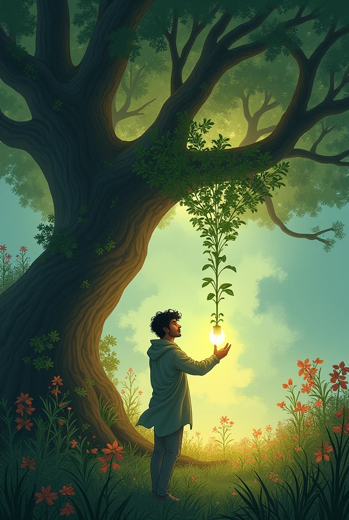 Prompt 4: Mohaan's RealizationScript:
"Mohaan made his third wish and said, 'I want true happiness.' The tree gave him a small seed and said, 'Plant this with love.' Mohaan planted the seed in the ground, and gradually, a beautiful garden bloomed. Mohaan realized that true happiness doesn't come from wealth and luxury but from giving to others and connecting with nature..."