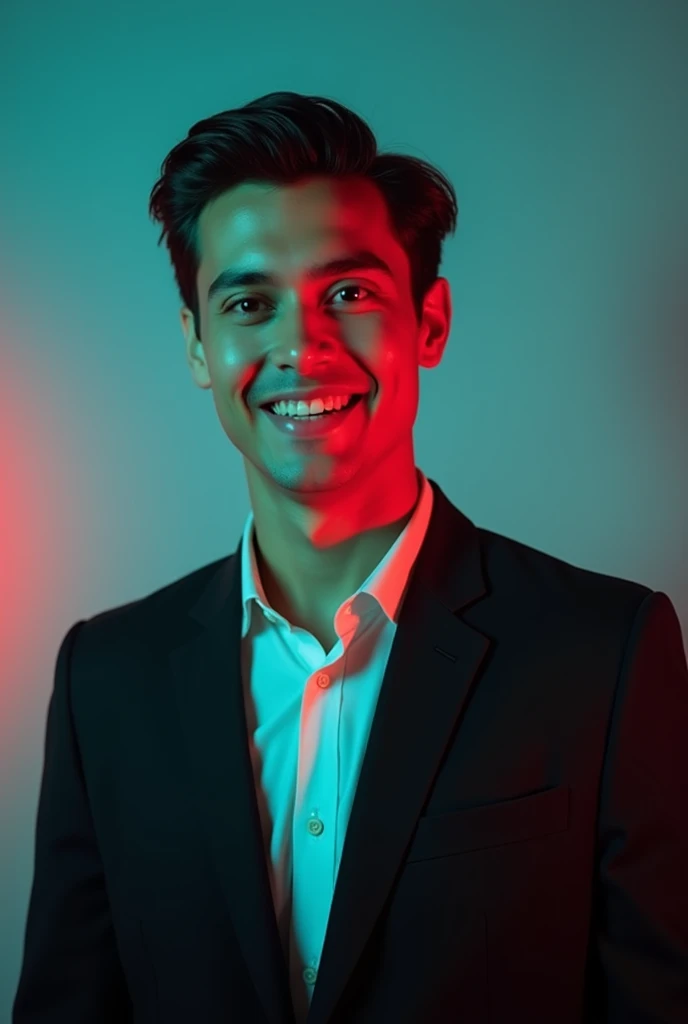 A young man with dark hair and a confident smile. He is dressed in a black blazer over a white shirt. The man is positioned against aqua colour backdrop with a subtle red lighting on the left side. and he posing for Linkedin profile