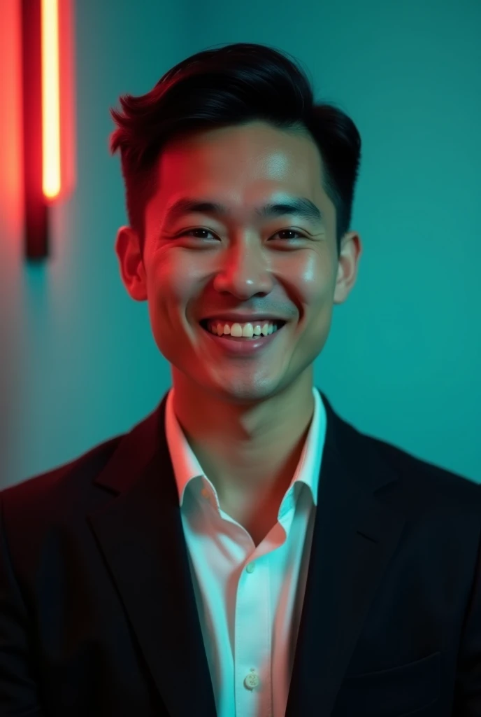 A young man with dark hair and a confident smile. He is dressed in a black blazer over a white shirt. The man is positioned against aqua colour backdrop with a subtle red lighting on the left side. and he posing for Linkedin profile