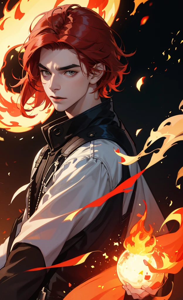 a high resolution, 8k, 1 man, fire, (red hair, hair super short, layered hair:1.1), shadowed face, (people&#39;s black coat with red fabric, black top), (view from above:1.1), (red eyes), (katana in hand), chinese culture night city, standing still, (best quality:1.1), (masterpiece), (extremely detailed), absurd, high