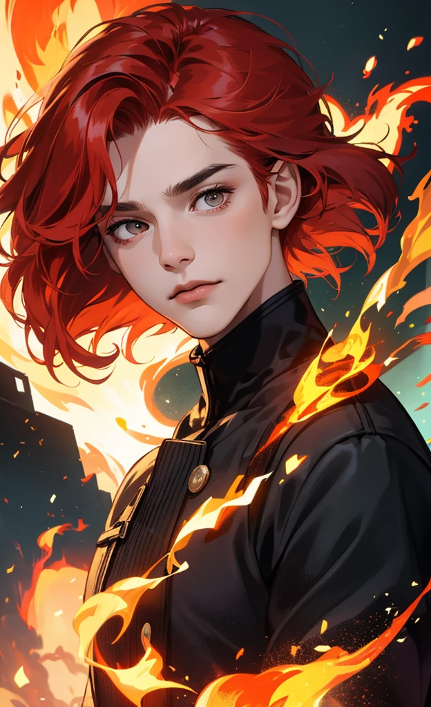 a high resolution, 8k, 1 man, fire, (red hair, hair super short, layered hair:1.1), shadowed face, (people's black coat with red fabric, black top), (view from above:1.1), (red eyes), (katana in hand), chinese culture night city, standing still, (best quality:1.1), (masterpiece), (extremely detailed), absurd, high