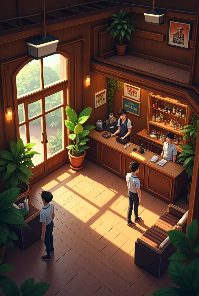 Lobby of a cinema. Wooden interior with plants. A bar in the right corner of the room. A seating area on the left. A ticket office in the front. Make it only one floor and not so expensive looking.