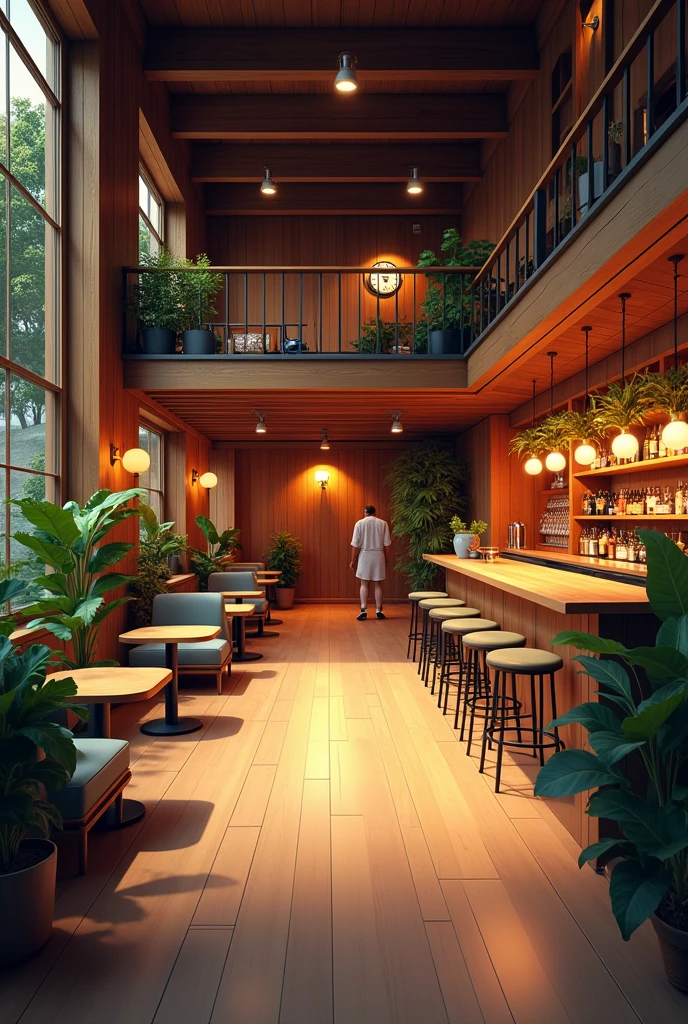 Lobby of a cinema. Wooden interior with plants. A bar in the right corner of the room. A seating area on the left. A ticket office in the front. Make it only one floor and not so expensive looking.