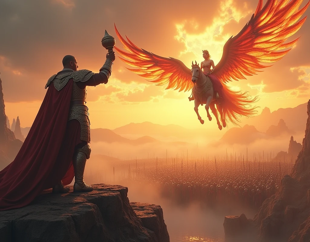 A detailed scene from a fantasy world, depicting a majestic battle preparation. A powerful, armored warrior stands on a cliff, blowing a conch shell to rally his troops. Behind him, a vast army of soldiers stands ready for battle, their armor gleaming in the setting sun. In the distance, a majestic chariots with wings made with vibrant colors of lights hovers in the sky, while a beautiful majestic armored princess stands beside the warrior, her flowing robes shimmering in the golden light. The sky is ablaze with vibrant colors, creating a dramatic and awe-inspiring backdrop. shallow depth of field, natural soft lighting, intricate details, 16k, masterpiece, realistic, dramatic lighting film grain, 85mm, Sony a7 4 focus, 85mm 1.2 Gmaster, smooth, sharp focus, golden ratio, dramatic illumination, ultra-realistic, wonderful masterpiece highly detailed, beautiful cinematic light deep focus, majestic, perfect clear sharp faces.