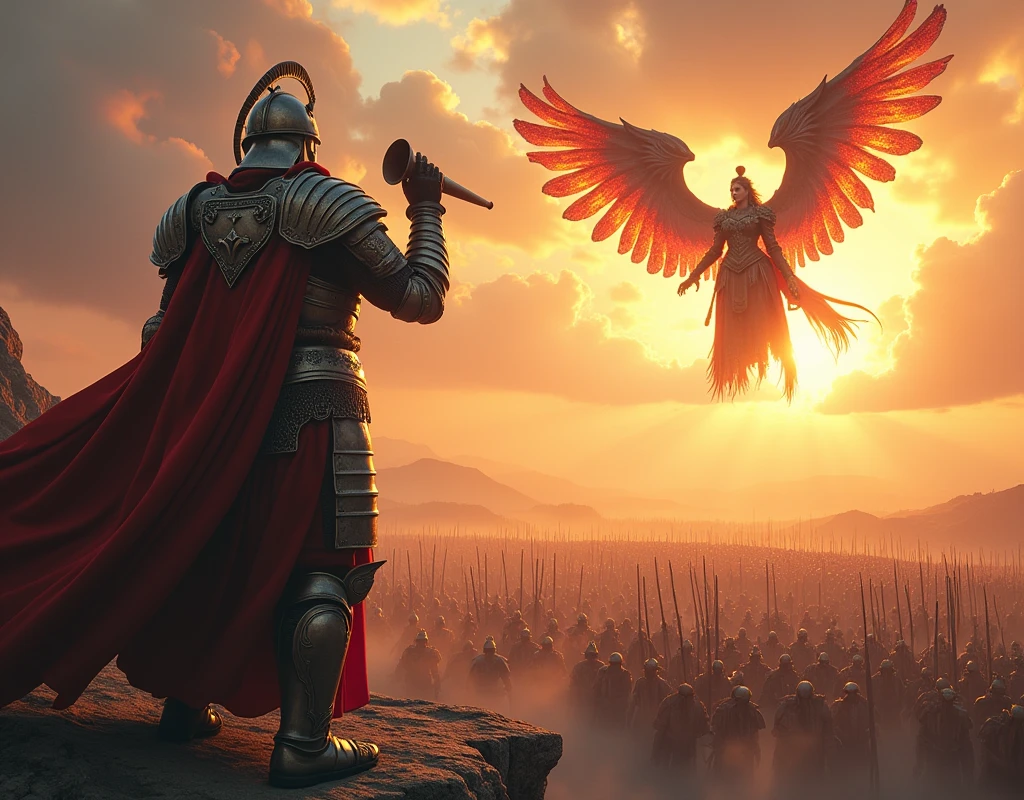 A detailed scene from a fantasy world, depicting a majestic battle preparation. A powerful, armored warrior stands on a cliff, blowing a conch shell to rally his troops. Behind him, a vast army of soldiers stands ready for battle, their armor gleaming in the setting sun. In the distance, a majestic chariots with wings made with vibrant colors of lights hovers in the sky, while a beautiful majestic armored princess stands beside the warrior, her flowing robes shimmering in the golden light. The sky is ablaze with vibrant colors, creating a dramatic and awe-inspiring backdrop. shallow depth of field, natural soft lighting, intricate details, 16k, masterpiece, realistic, dramatic lighting film grain, 85mm, Sony a7 4 focus, 85mm 1.2 Gmaster, smooth, sharp focus, golden ratio, dramatic illumination, ultra-realistic, wonderful masterpiece highly detailed, beautiful cinematic light deep focus, majestic, perfect clear sharp faces.