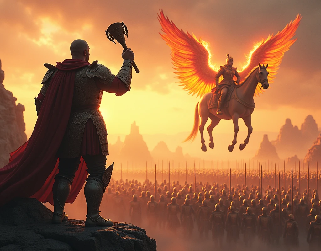A detailed scene from a fantasy world, depicting a majestic battle preparation. A powerful, armored warrior stands on a cliff, blowing a conch shell to rally his troops. Behind him, a vast army of soldiers stands ready for battle, their armor gleaming in the setting sun. In the distance, a majestic chariots with wings made with vibrant colors of lights hovers in the sky, while a beautiful majestic armored princess stands beside the warrior, her flowing robes shimmering in the golden light. The sky is ablaze with vibrant colors, creating a dramatic and awe-inspiring backdrop. shallow depth of field, natural soft lighting, intricate details, 16k, masterpiece, realistic, dramatic lighting film grain, 85mm, Sony a7 4 focus, 85mm 1.2 Gmaster, smooth, sharp focus, golden ratio, dramatic illumination, ultra-realistic, wonderful masterpiece highly detailed, beautiful cinematic light deep focus, majestic, perfect clear sharp faces.