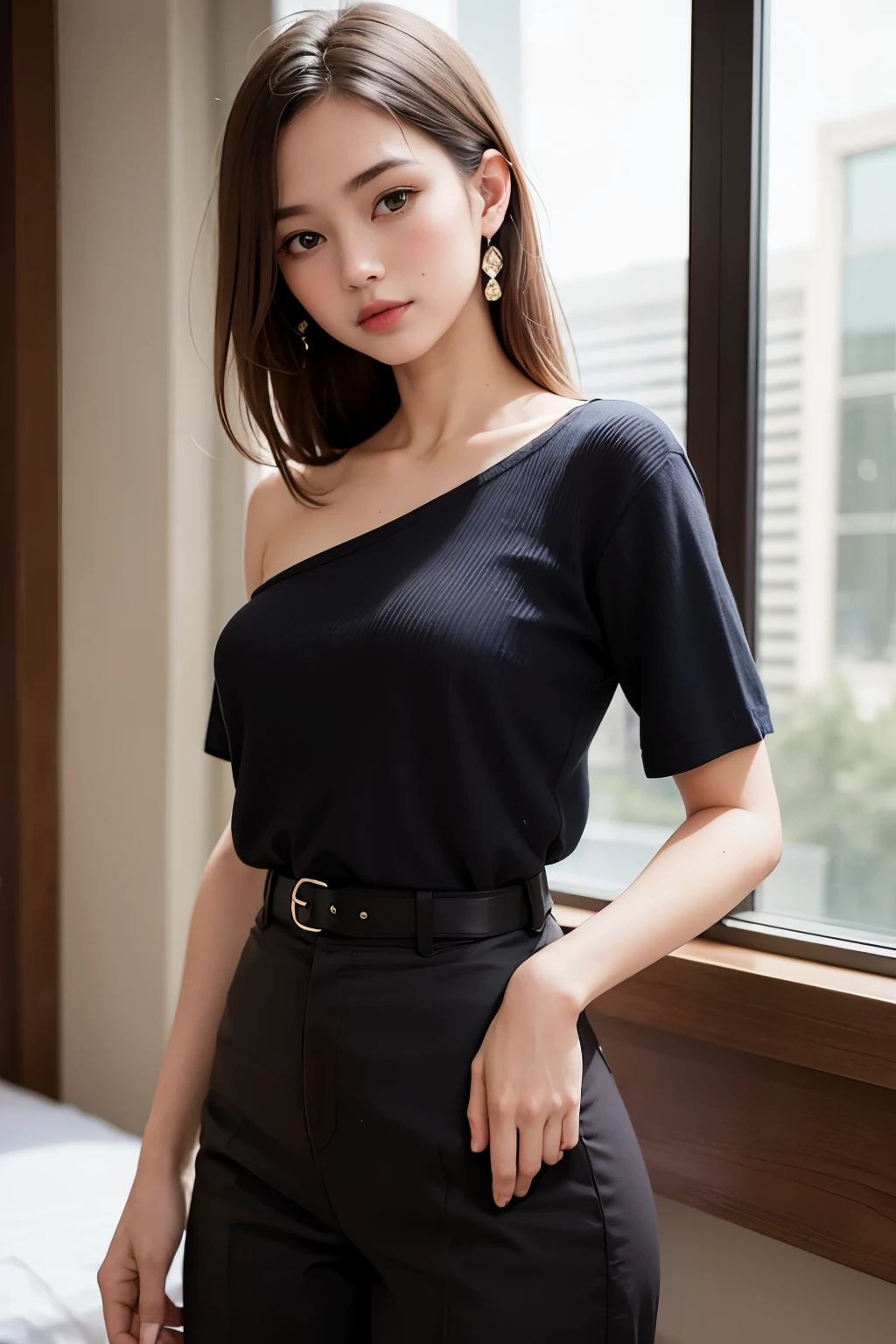 best quality, masterpiece, ultra high res, photorealistic, 1girl, offshoulder, smile