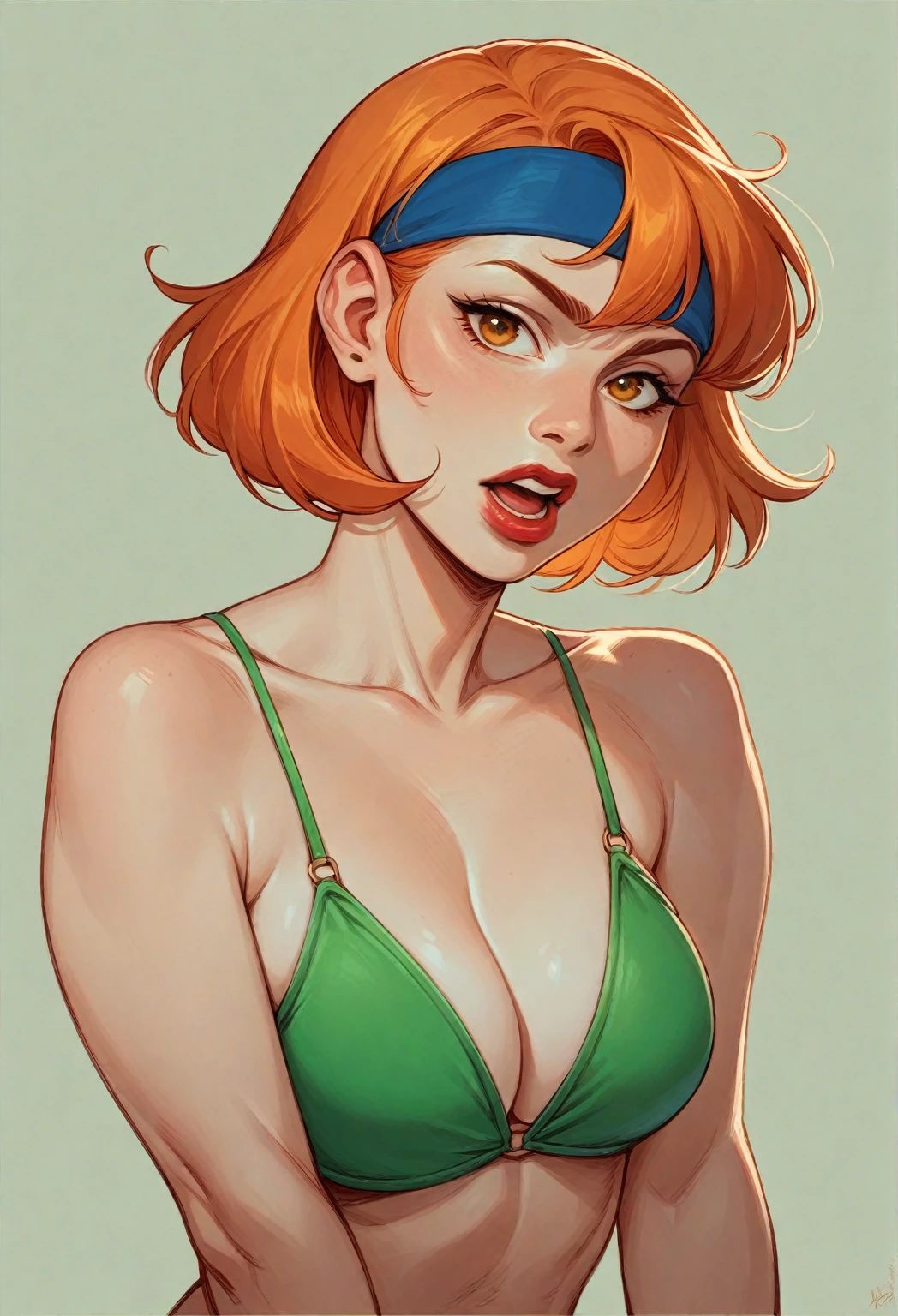  white female with short orange hair and blue headband in her hair, long mouth, big, thick mouth, thick red lips, big amber eyes, and a fluorescent green bikini.