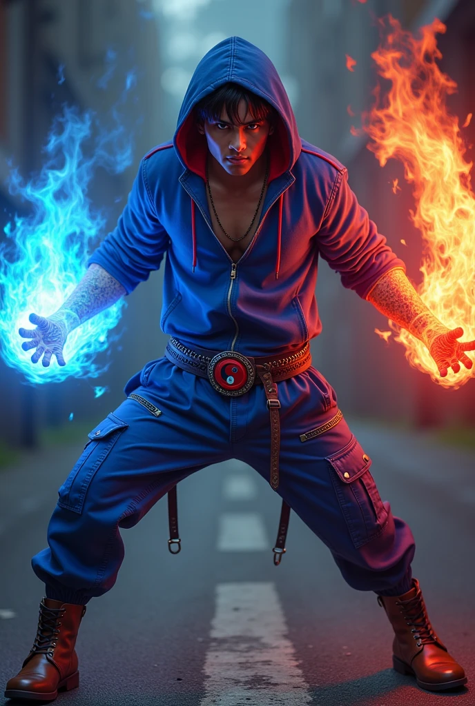 Boy age 20, latin, brown eyes, deep and cute eyes, royal blue hoodie, the hoodie hood is red into, royal blue cargo pants, only right demon arm, only right arm on red flames, only left arm blue flames, japanese style, belt with a blue and red ying yang, chains around the belt, athletic, magic powers, action, cunning look, leather brown boots with metal pins, black cat nails, attack camera, black hair, night background, uncovered head