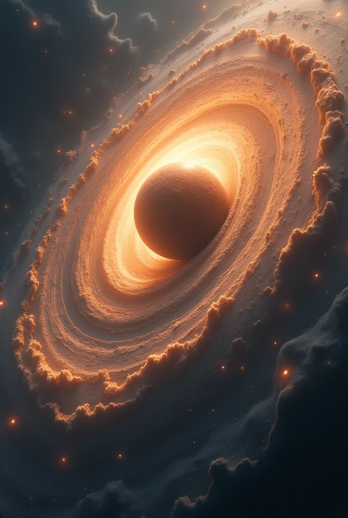 Surrounding the central sphere, tendrils of dust and gas spiral inward, slowly forming the shapes of planets and celestial bodies.