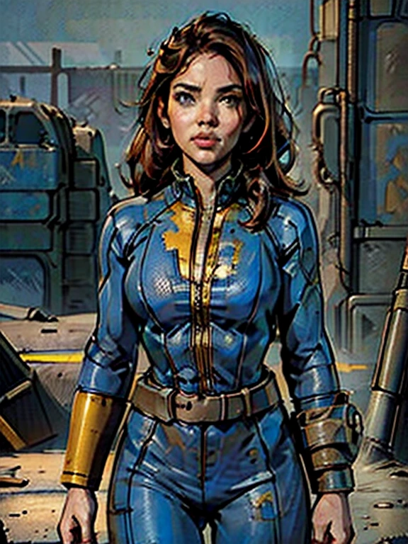 a girl in a fallout vault wearing a dark blue and yellow Fallout vault jumpsuit, pip-boy 3000, long red hair, round breasts, cleavage, post-apocalyptic, nuclear wasteland, desolate, ruined city, dramatic lighting, cinematic, photorealistic, 8k, hyper detailed, masterpiece, beautiful detailed face, beautiful detailed eyes, beautiful detailed lips, beautiful detailed nose,