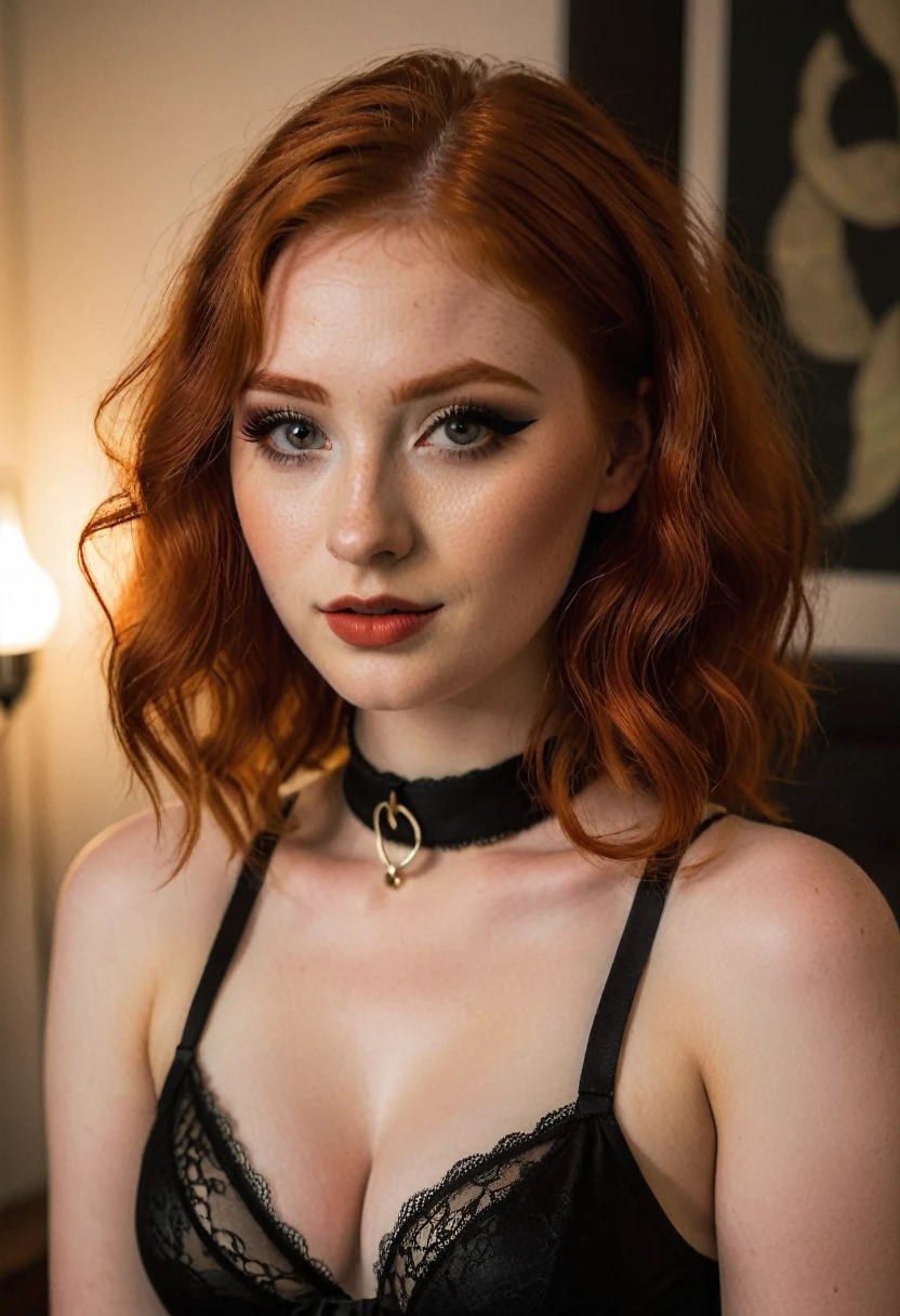 raw photo, (18yo redhead girl:1.2), makeup, graphic eyeliner, rouge, (choker:0.9), realistic skin texture, black stockings, lingerie, doggy style, softcore, warm lighting, cosy atmosphere, instagram style, high quality dslr snapshot, high definition film grain photo taken at f/16, ISO 100, with a 200mm lens, global illumination, fibonacci