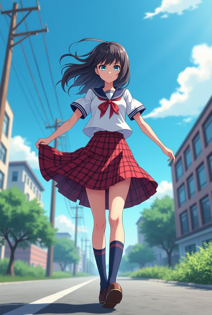 in 8K、top-quality、​masterpiece、Ultra-detail、Ultra-high resolution、(((Anime style)))、1 High School Girl、Uniforms、School route、heavy wind、Check skirt、Skirt flipping in the wind、Slouched、Skirt suppression、Impatient, upside down, shoe sole