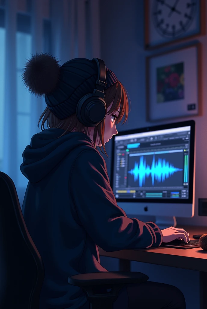 A girl sits in her darkened room, wearing a hoodie and oversized headphones. The room is dimly lit by the soft glow of her computer screen, which displays a Digital Audio Workstation (DAW) with multiple tracks and vibrant waveforms. The camera angle is from behind her, above her shoulder,as she works on crafting beats. The atmosphere is dark  and moody, with minimal ambient light highlighting the contours of her hair and the details of her workspace. Her hoodie adds to the sense of immersion and concentration in her creative process.
((best quality)), ((masterpiece)), (detailed), 1girl,hoodie,headphones,beanie,((anime style))