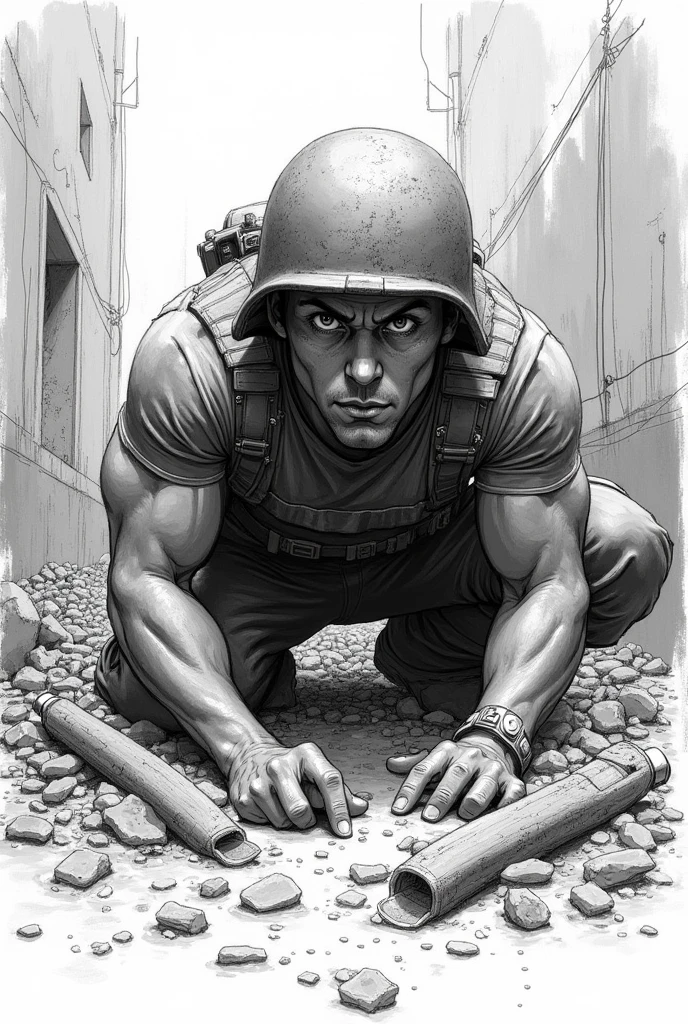 A close up sketch of soldier crouched under a debris. Wide open eye, surrounded by war zone. Let only his uper body shown and let him seem very tense