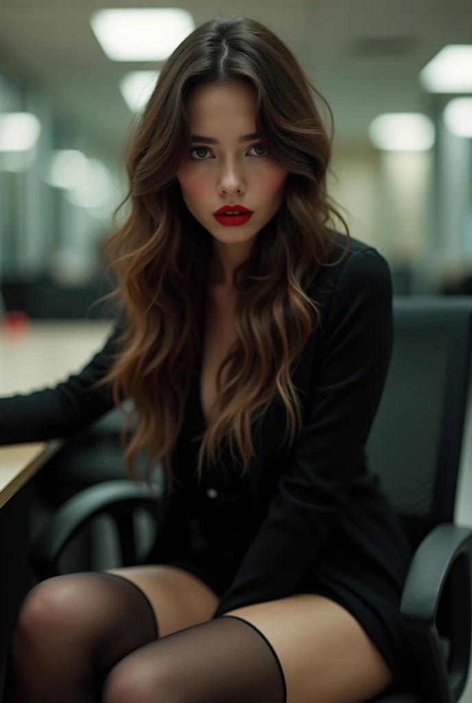 ((beautiful)+(attractive:0.9)+(sensual:1)) 20 years women ((nerd:0.9)+(lovely)+(clean skin)) with hazel eyes and red lips. masterpiece, top quality, best quality, official art, beautiful and aesthetic:1.2),Long perfect legs, long slender legs ((masturbation, masturbation)))), ((office lady, black recruit suit, white shirt, black tight skirt, black stockings, high heels)), (sitting in a chair, sitting on legs bending at the knees, zoom camera in the crotch, angle from below), (unbuttoned shirt: 1.1), looking to the side, very angry, blushing, distressed, glaring, (sexual arousal: 1.5, pubic hair, lower abdomen bristles), NSFW, 8k, RAW photography, masterpiece, absurdity, top quality, high resolution: 1.1, ultra-detail, hyper-realistic: 1.4, realistic, photorealistic: 1.3, cinema lights, film grain, close-up, full body, depth of field, eye focus, young, 85mm lens, f/1.4, professional lighting, portrait, Photon mapping, radiosity, physically based rendering, transparency, soft light, realistic face, realistic body, realistic skin, clean: 1.8, black hair, breasts: 1.2, 75B size, blusher, good style, (very dark lip gloss, bright red lipstick, so many eyelashes, pitch black eyeshadow), Camel toe, long legs, PureErosFace_V1: 0.8, dynamic pose Stockings belt , long legs , slender proportional gorgeus ass , 4k UHD, nffsw, masutepiece, ccurate, Anatomically correct, Textured skin, Super Detail, high details, High quality, awardwinning, Best Quality, hight resolution, 8K , stockings