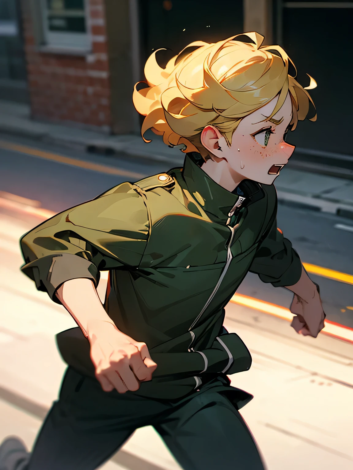 solo, (hunting cap),blond short curly boyish hair, freckles, profile, running at full speed, panicked face, thief, street corner, cold sweat,