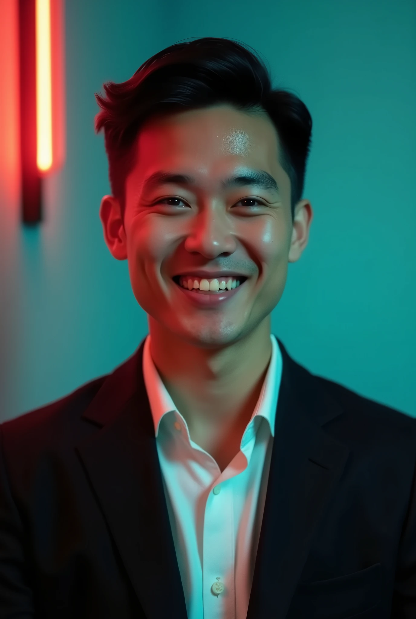 A young man with dark hair and a confident smile. He is dressed in a black blazer over a white shirt. The man is positioned against aqua colour backdrop with a subtle red lighting on the left side. and he posing for Linkedin profile