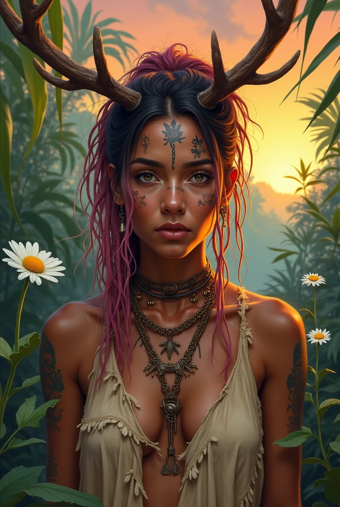 Portrait wild native woman ethnic tribe tattoo on face  , ayant un anneaux dans le nez tel un piercing, cheveux très court avec des locks couleur rose coiffure avec des bois dans les cheveux sur la tete, os dans une jungle tropicale peinture coloré avec des pâquerettes en fond coucher de soleil 

Buste avec vêtement beige déchiré.


