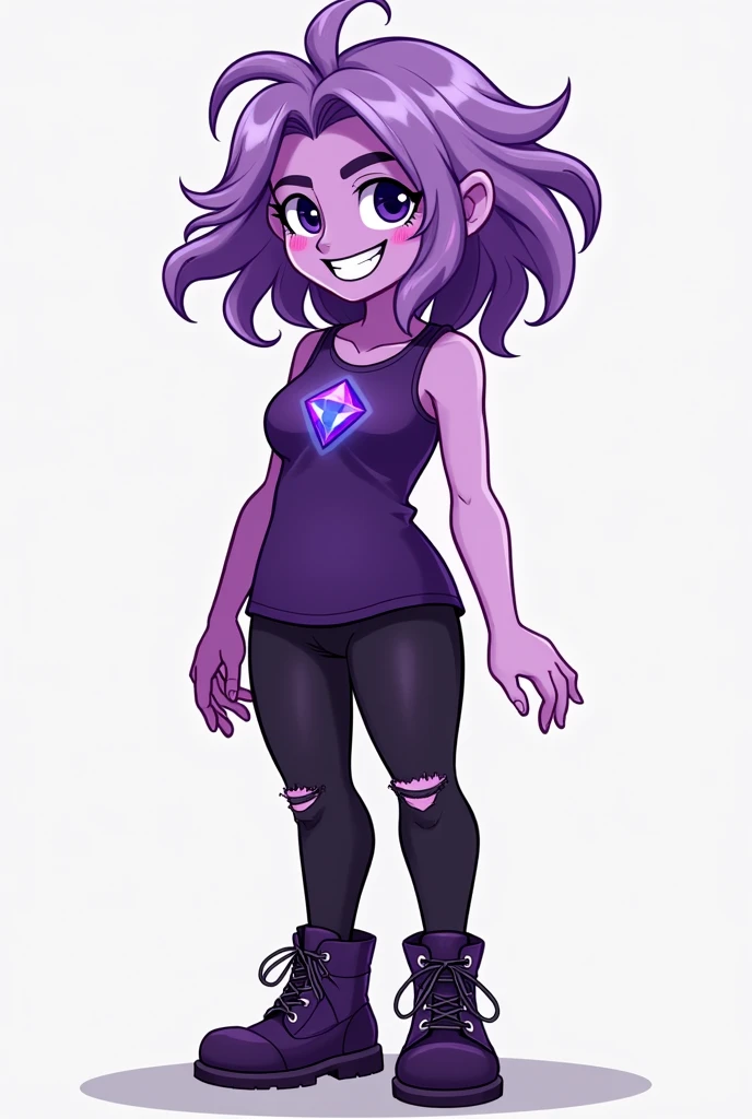 Amethyst is a short, curvy, and energetic gem with a laid-back and carefree attitude. She has light purple skin and wild, shoulder-length lavender hair that is slightly messy, reflecting her free-spirited personality. Her hair often falls over one eye, giving her a playful and rebellious look.
Her eyes are a dark violet, filled with mischief and a zest for life. Amethyst’s face is rounder with soft features, giving her a youthful and approachable appearance. She has a wide, expressive smile that often turns into a mischievous grin, showcasing her love for fun and adventure.
Amethyst’s outfit is casual and relaxed, typically consisting of a dark purple tank top with a star emblem, black leggings with torn knees, and combat boots. She also wears a gemstone on her chest, which is the source of her powers. Her style is practical and comfortable, matching her tomboyish and adventurous nature. Despite her playful exterior, Amethyst has a strong sense of loyalty and compassion for her friends.