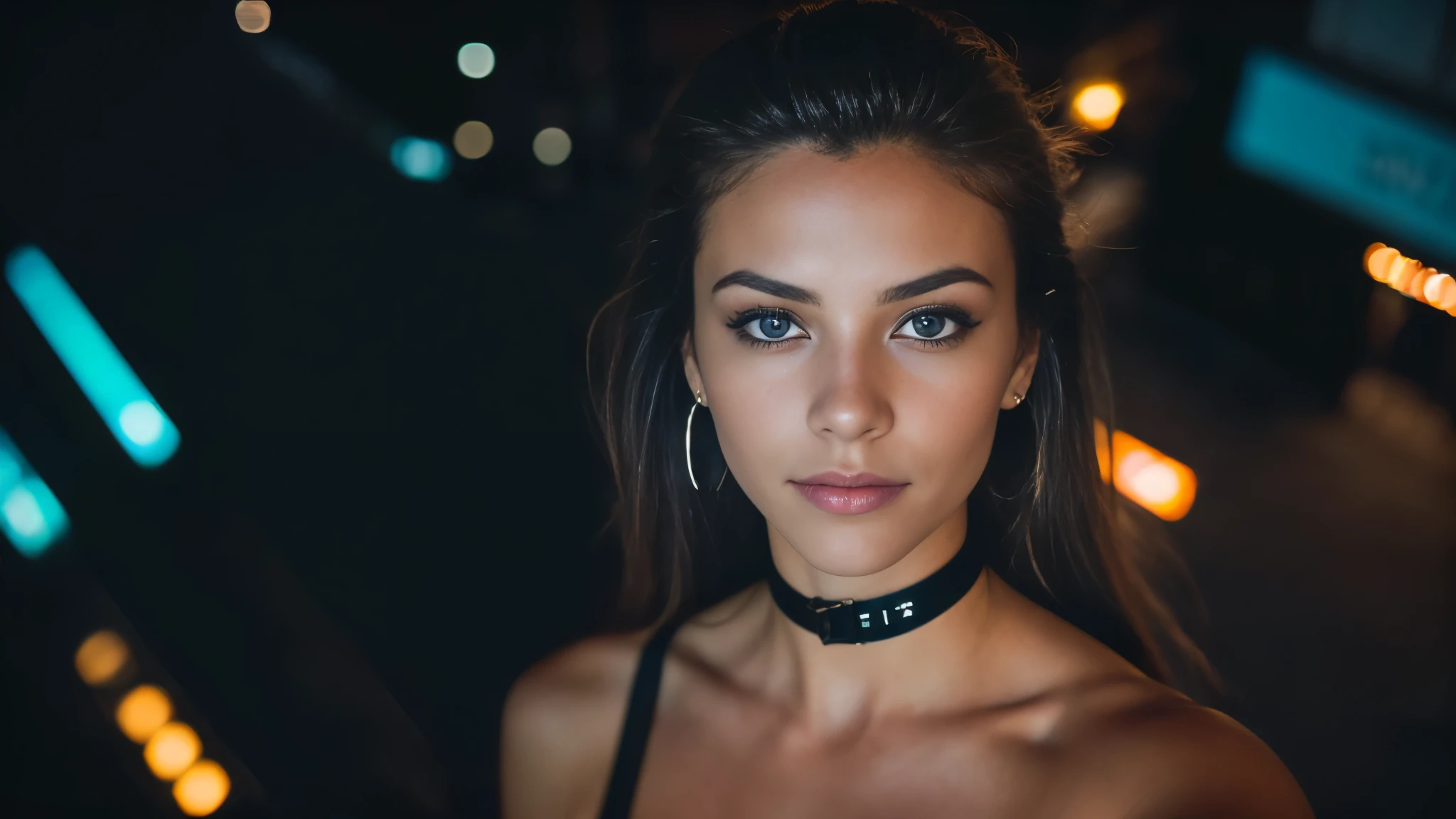 (taking selfies, overhead view: 1.4), (straight half of the torso: 1.4), Portrait photo of a 2 french girl in RAW UHD format (Blue-eyed woman) Walk down the dark alley, night city, Details (textures! , Hair! , glistering, Color!! , imperfections: 1.1), highly detailed glossy eyes (looking at the camera), DSLR Lighting, SLR camera, Ultra-Quality, sharpness, Depth of field, Film grain (Downtown), Fujifilm XT3, Crystal clear, Frame Center, beatiful face, sharp-focus, street lamp, neon lighting, bokeh (dimly lit), night time, (night sky), oilly skin, suntan, Complex eye details, choker, (big breasts:1.2)