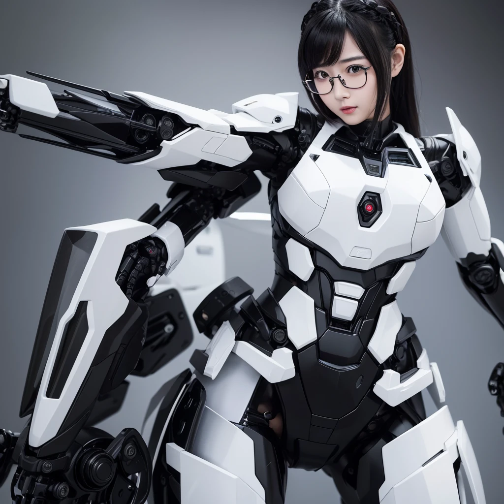Highest quality,masterpiece,Ultra-high resolution, Very detailed, 8k,Beautiful Japanese Women:1.5,Black Hair、 (black and white robot suit, Plump, Slightly thicker),Glasses