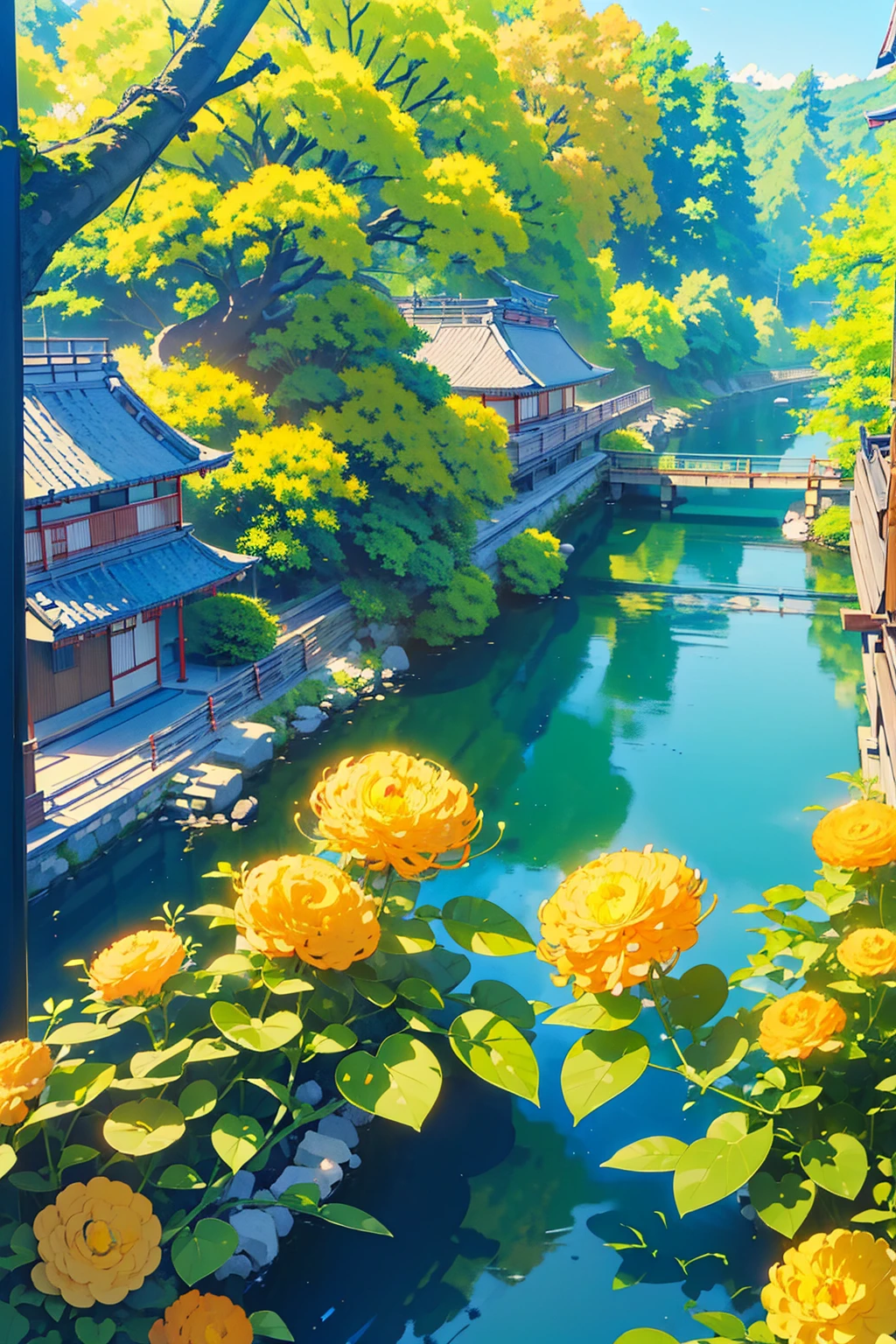 ((traditional japan houses near river with a big yellow flower tree: 1.3)) , ((camera facing the front of the houses:1.2)), ((next to a river: 1.2)), detailed anime artwork, urban, japan anime scene, ((bright blue sky: 1.0)), extra detailed, very detailed, japanese village , plants, birds, anime style, anime, lofi, lofi vibe, ((best quality:1.5)), ((masterpiece:1.5)), ((highly detailed:1.3)), ((anime aesthetic:1.2)), ((no one: 1.2)), ((no people: 1.2))