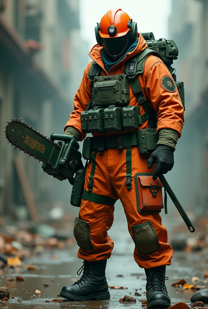 Character with a dark green chainsaw tinted with light grayish with black feels a chainsaw costume with an orange chainsaw helmet decorated with light green an orange construction suit decorated with dark light green tools green chainsaw pants decorated with black work shoes and a dangerous fighter side 