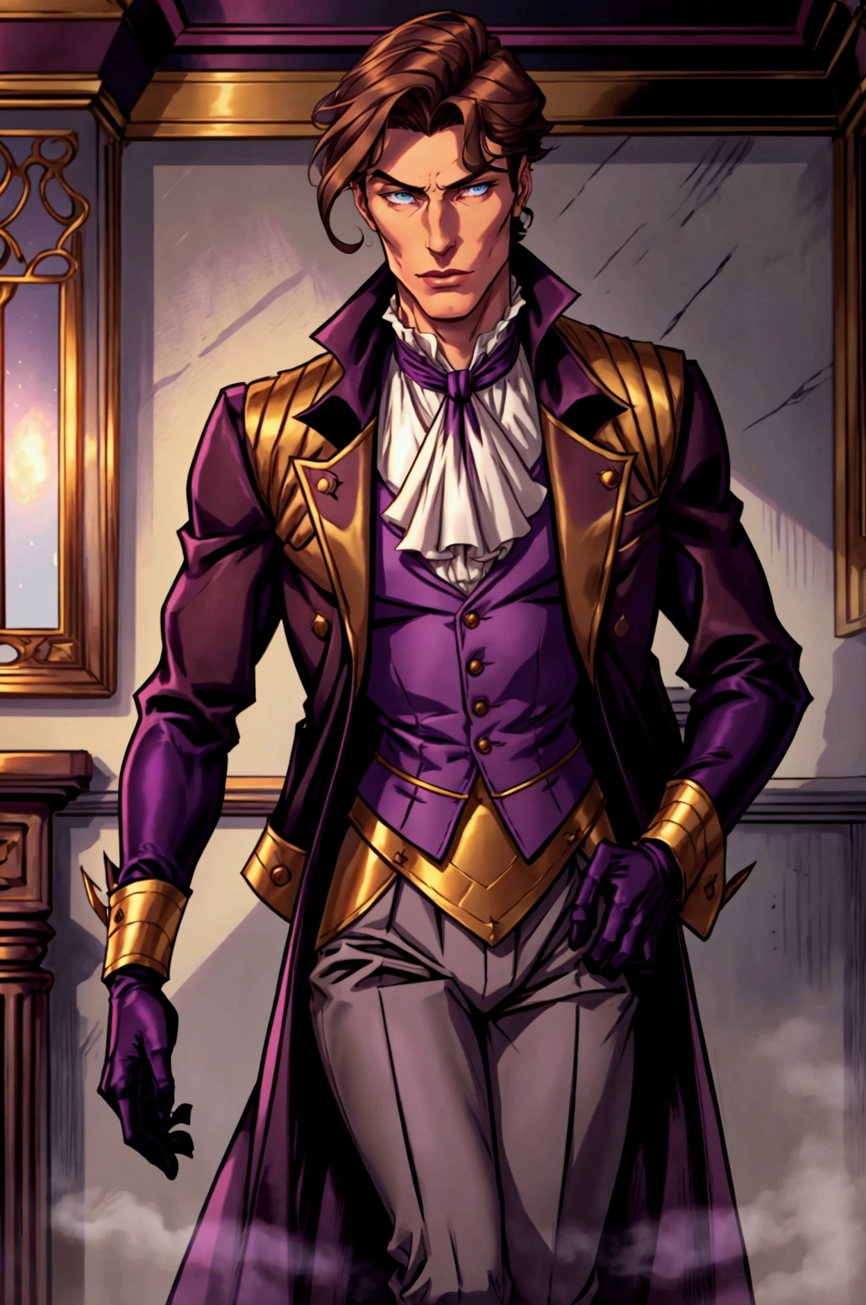 Pale and tall man, Appears to be 30-3.long light brown hair with golden highlights, Thin gray-blue eyes with dark purple eyeshadow and noticeably high cheekbones. His clothes are in Victorian style, old, Long dark burgundy jacket with lavender lining and gold pins on the folded cuffs. Under his jacket he has a purple vest over a white ruffled shirt, Wearing classic purple trousers, In dark blue knee-high boots and gloves of the same color.