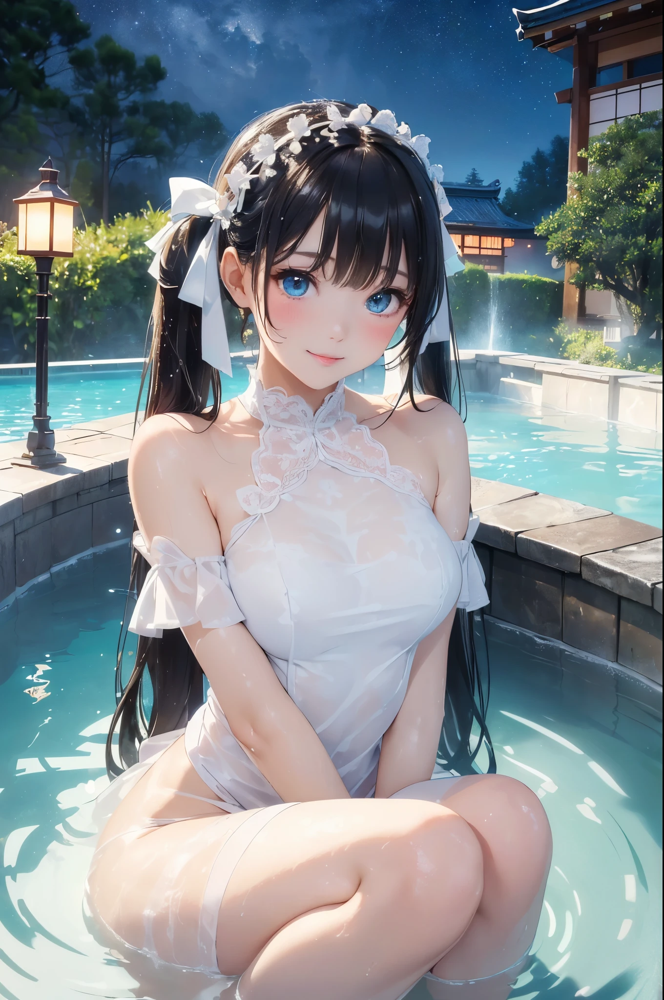 ((masterpiece)), ((highest quality、Ultra high definition)), (Very detailed),((8k、Photo quality))、((Amazingly cute girl))、(1 girl,)、Two people, , (Beautiful emerald blue eyes), ((smile)),((Ultra-luxury Japanese-style inn in Japan、A large open-air rock bath)), Beautifully arranged black hair in twin tails、Slim Body、(Cute little breasts)、(((Naked and washing body)))、Professional Lighting、(White lace knee-highore detailed and beautiful)、(More details and cutenesore realistic)、((Just wear light clothing))、Frolic in the pool、(Too cute)、(The embodiment of cuteness)、(Godly cuteness)、((Night view))、((A lot of creamy foam, so it&#39;s almost impossible to see))、