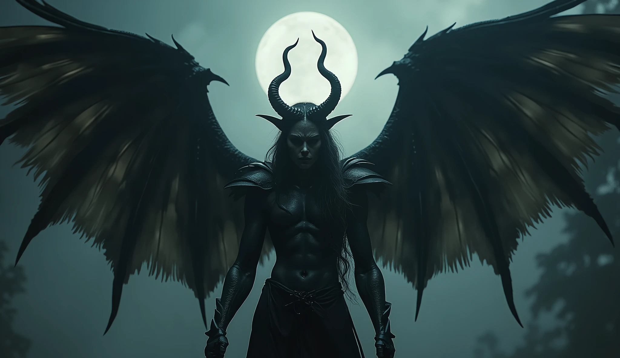 a fallen angel, detailed dark angel, detailed demonic features, dark wings, glowing halo, dramatic lighting, moody atmosphere, cinematic composition, muted color palette, chiaroscuro lighting, detailed feathers, intricate patterns, gothic aesthetic, dark fantasy, dramatic shadows, ethereal presence, (best quality,4k,8k,highres,masterpiece:1.2),ultra-detailed,(realistic,photorealistic,photo-realistic:1.37)