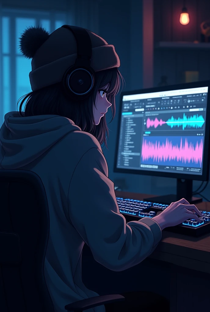A girl sits in her darkened room, wearing a hoodie and oversized headphones. The room is dimly lit by the soft glow of her computer screen, which displays a Digital Audio Workstation (DAW) with multiple tracks and vibrant waveforms. The camera angle is from behind her, above her shoulder,as she works on crafting beats. The atmosphere is dark and moody, with minimal ambient light highlighting the contours of her hair and the details of her workspace. Her hoodie adds to the sense of immersion and concentration in her creative process.
((best quality)), ((masterpiece)), (detailed), 1girl,hoodie,headphones,beanie,((anime style))
