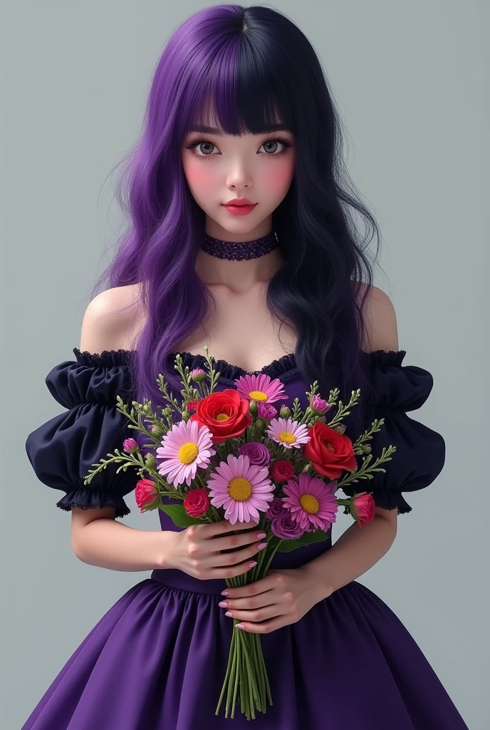 A sweet-faced woman with half-purple hair and half-black hair wearing a purple-black dress standing and holding flowers.